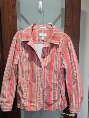 CJ Banks Pink and Cream Striped Button-Front Shirt Jacket